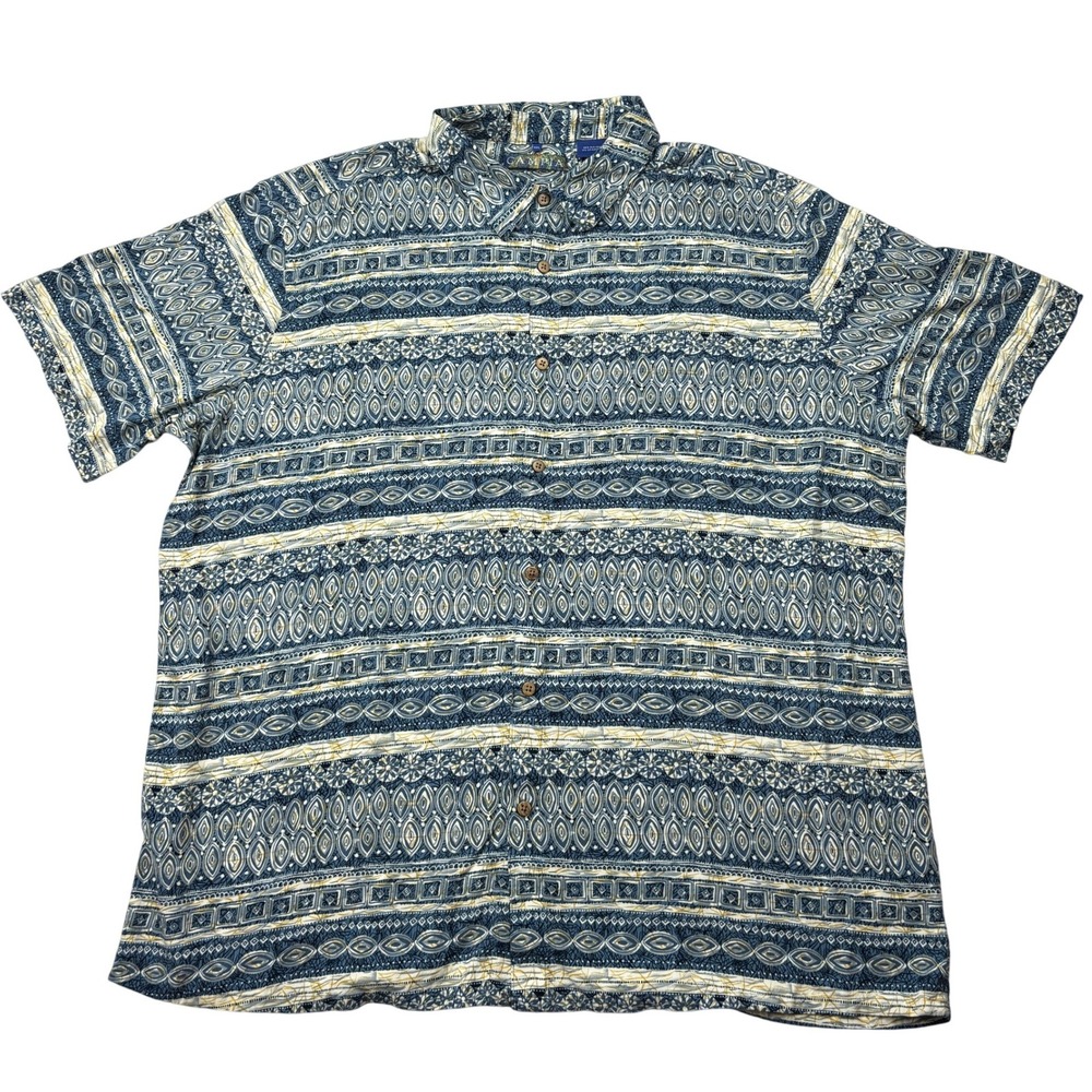 Campia Moda Mens XXL Blue‎ Geometric Tribal Print Rayon Button Front Shirt SS